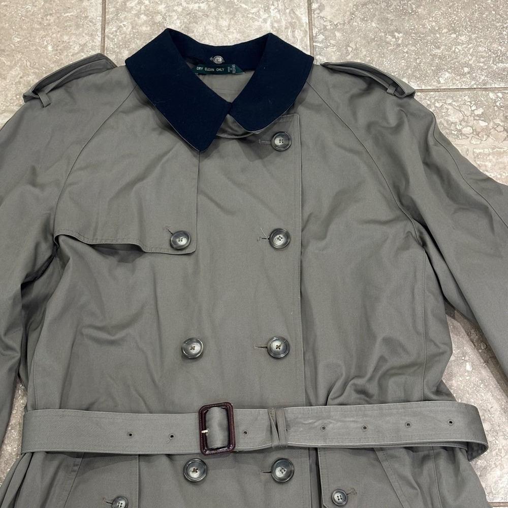 Lauren Ralph Lauren Olive Green Trench Coat with Navy Collar - Picture 5 of 16